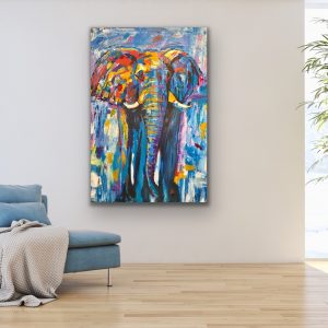 Acrylic painting of a blue elephant on a large canvas, representing calm strength.