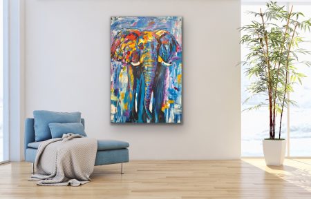 Acrylic painting of a blue elephant on a large canvas, representing calm strength.