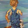 Canvas print of a young boy by the sea with his puppy, featuring soft blue and pastel colours. ideal for children's rooms or as a thoughtful gift."