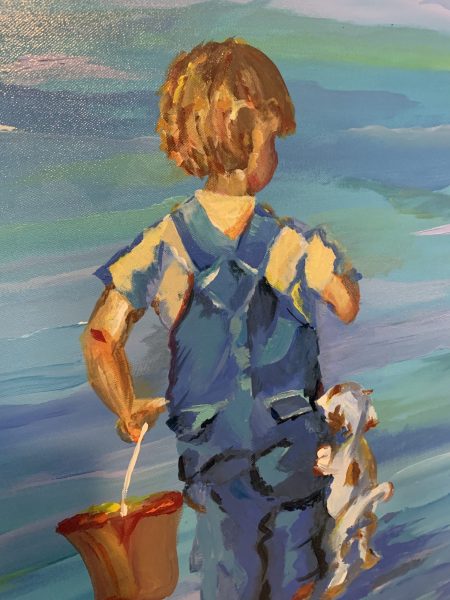 Canvas print of a young boy by the sea with his puppy, featuring soft blue and pastel colours. ideal for children's rooms or as a thoughtful gift."