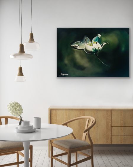 Original 100x70 cm oil painting of a delicate white flower ready to hang with a Certificate of Authenticity included.