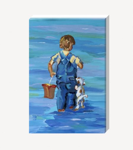 Canvas print of a young boy by the sea with his puppy, featuring soft blue and pastel colours. ideal for children's rooms or as a thoughtful gift."