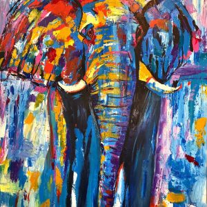 "Original acrylic painting of a blue elephant symbolizing calm strength, 150x100cm, unframed.