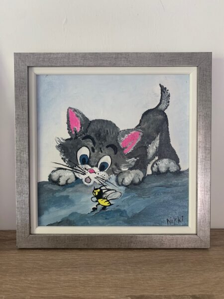 The cat looks at the Bee with a funny curious look. Original painting