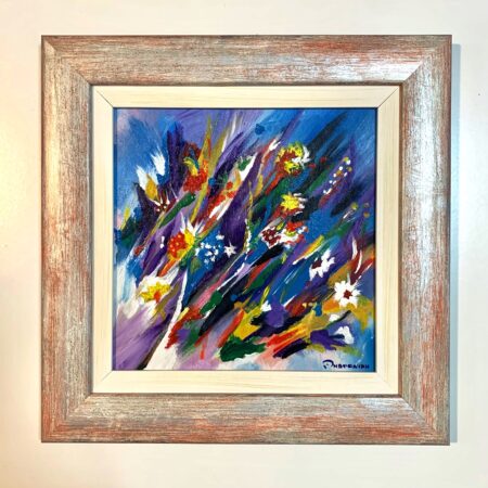 A framed abstract painting features vibrant, colorful brushstrokes and floral elements with a mix of purple, blue, green, yellow, and red tones.